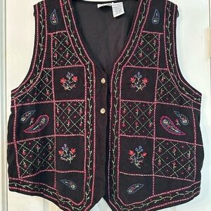 Bobbie Brooks Vintage Black Vest with Colorful Embroidery